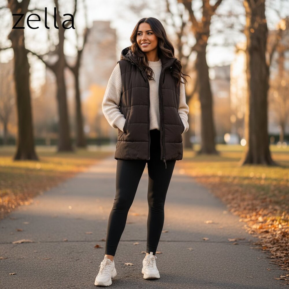 Zella Quilted Hooded Puffer Vest in Dark Brown
